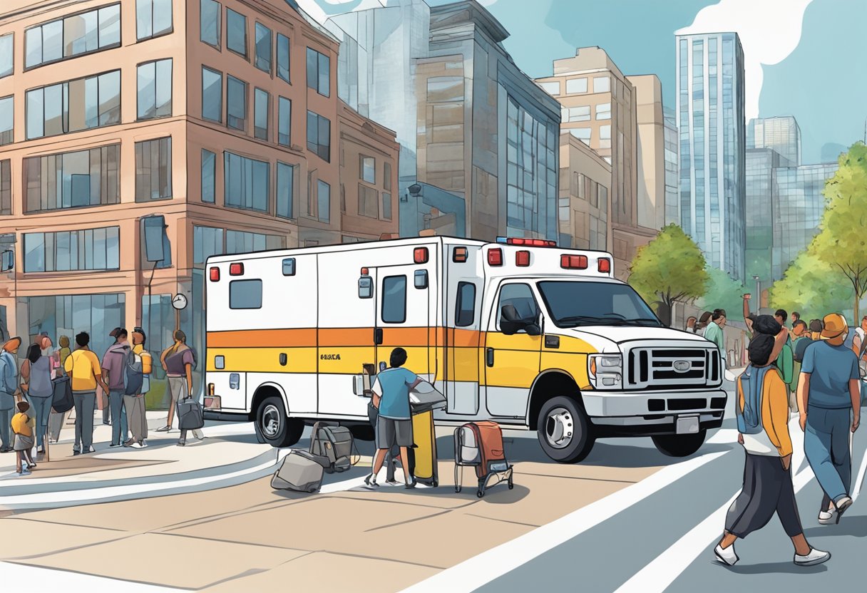 Uma ambulância estacionada em uma área urbana movimentada, com pessoas participando de atividades de educação e conscientização em saúde nas proximidades.