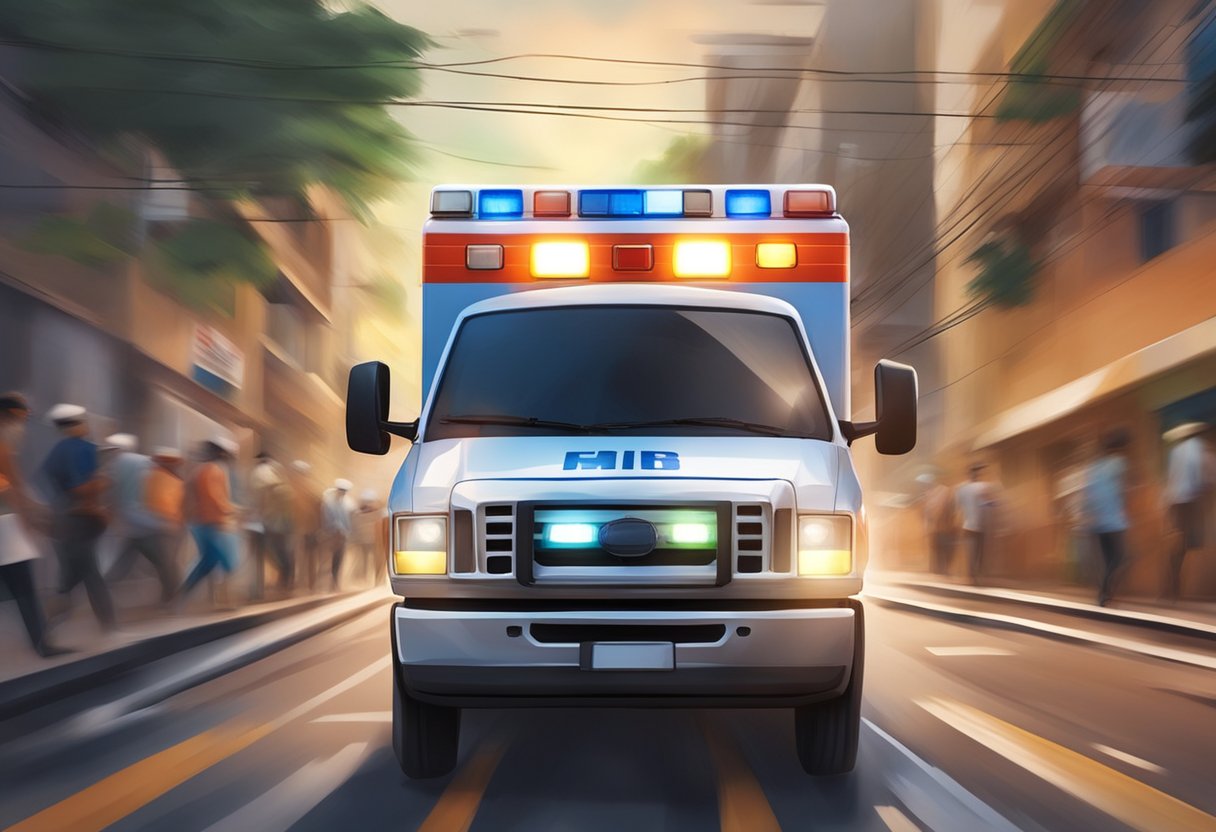Uma ambulância acelerando pelas ruas de Piraquara, com sua sirene tocando e luzes piscando, apressando-se para fornecer assistência médica crucial.