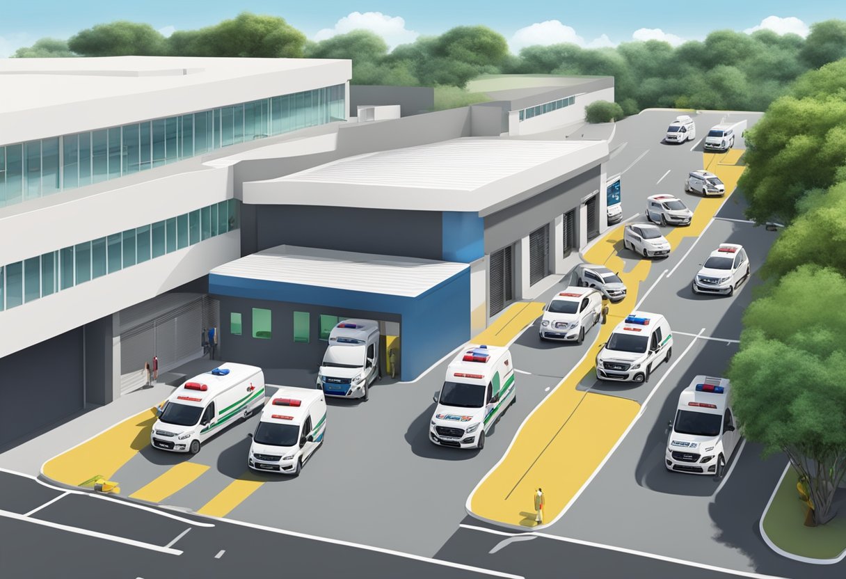 Uma estação central de ambulâncias bem organizada em Piraquara, com múltiplas ambulâncias estacionadas em espaços designados, um sistema de sinalização claro e um fluxo de tráfego otimizado.