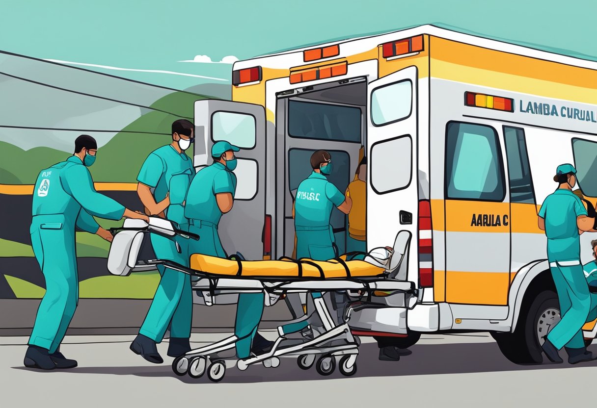 Uma equipe de paramédicos carregando um paciente em uma ambulância em Piraquara