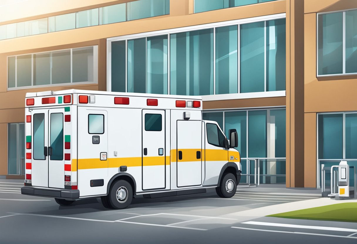 Uma ambulância estacionada do lado de fora de um hospital, com vários equipamentos e tecnologias médicas visíveis através das janelas.