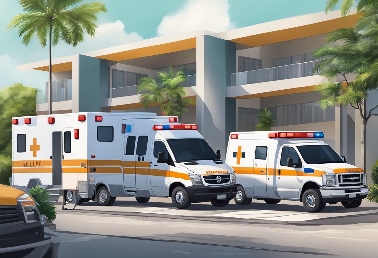 Uma ambulância estacionada do lado de fora de uma unidade de serviços e cuidados especializados em Piraquara, com profissionais de saúde atendendo pacientes.