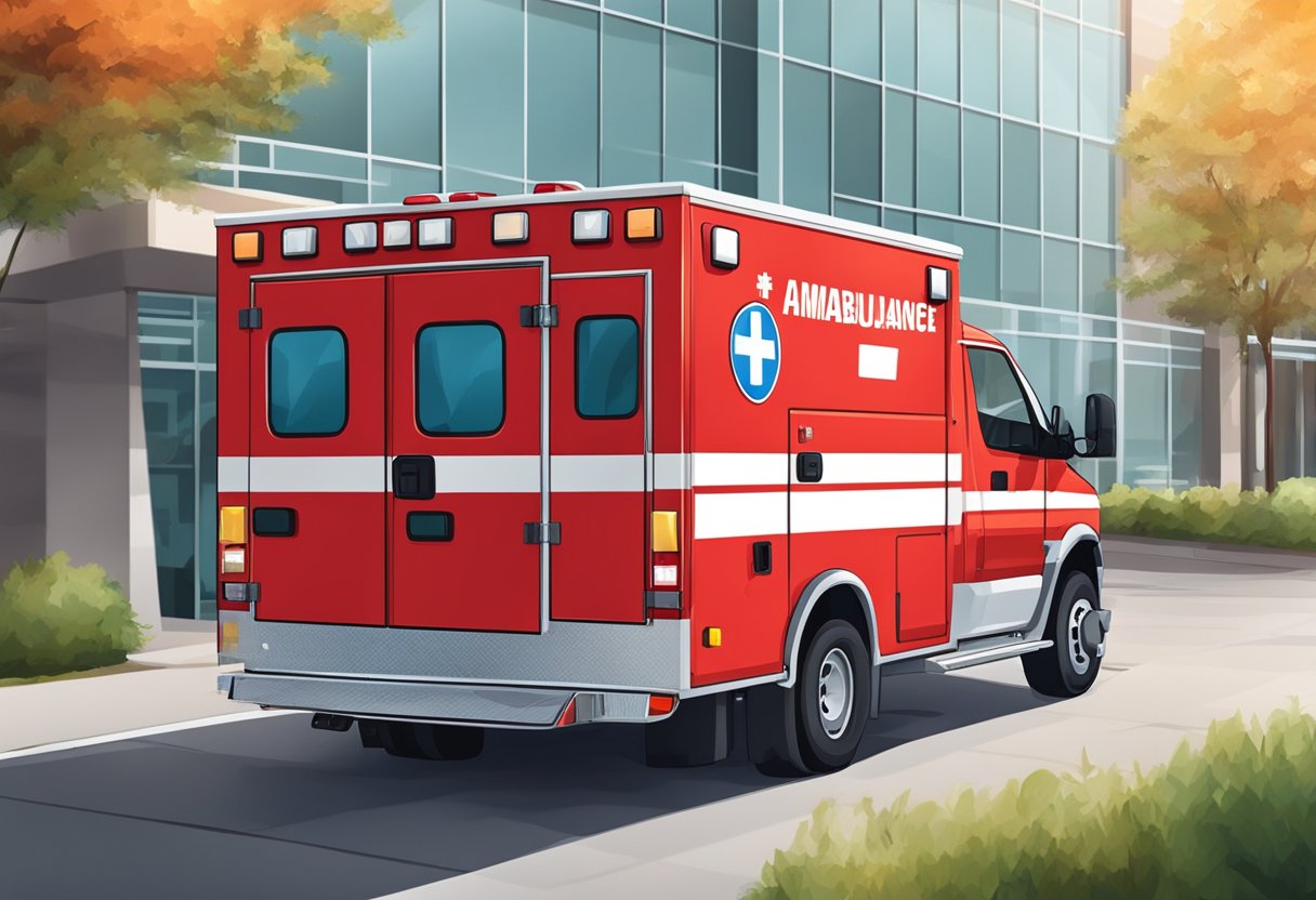 Uma ambulância vermelha brilhante estacionou do lado de fora de uma instalação médica com um caminho claro para acesso.