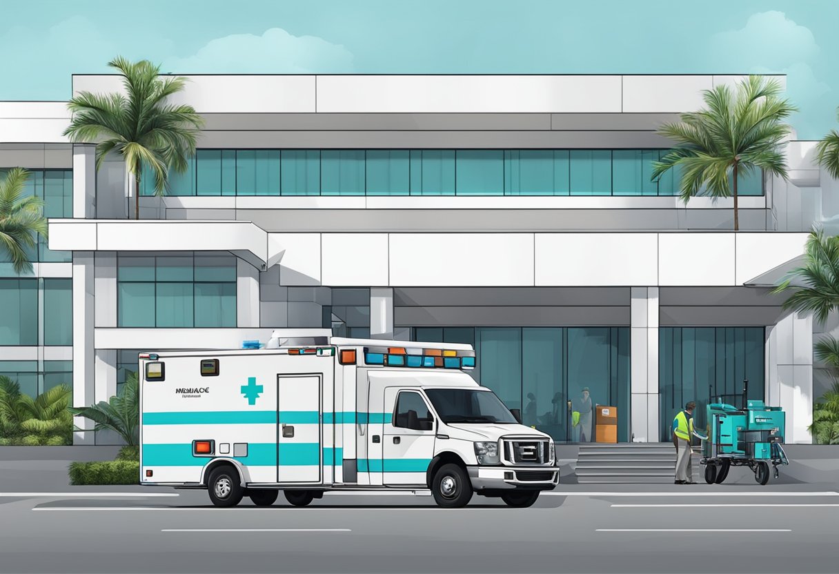 Uma ambulância moderna estacionada do lado de fora de uma instalação médica recém-renovada em Piraquara, com equipamentos médicos sendo descarregados por pessoal.