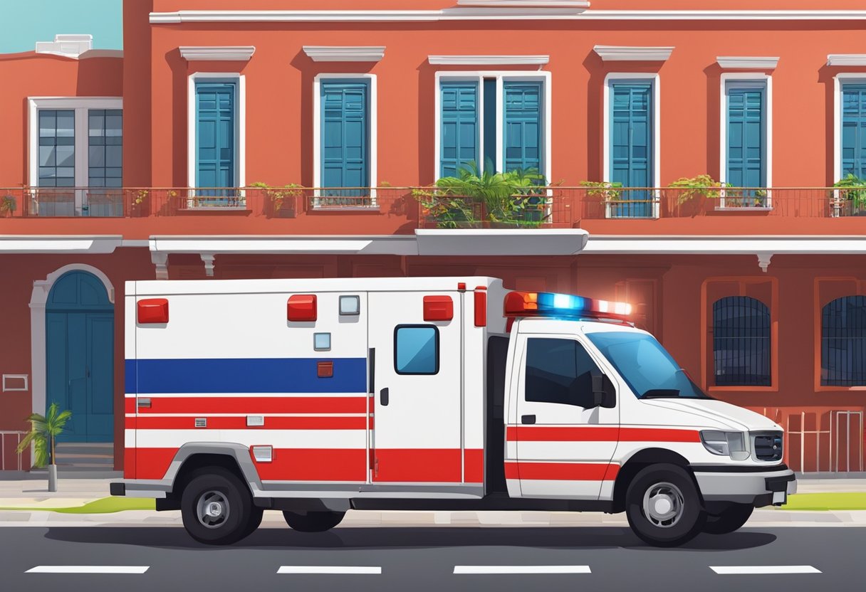 Uma ambulância vermelha e branca estacionada do lado de fora de um prédio na cidade de Piraquara, com suas luzes piscando e uma sensação de urgência no ar.