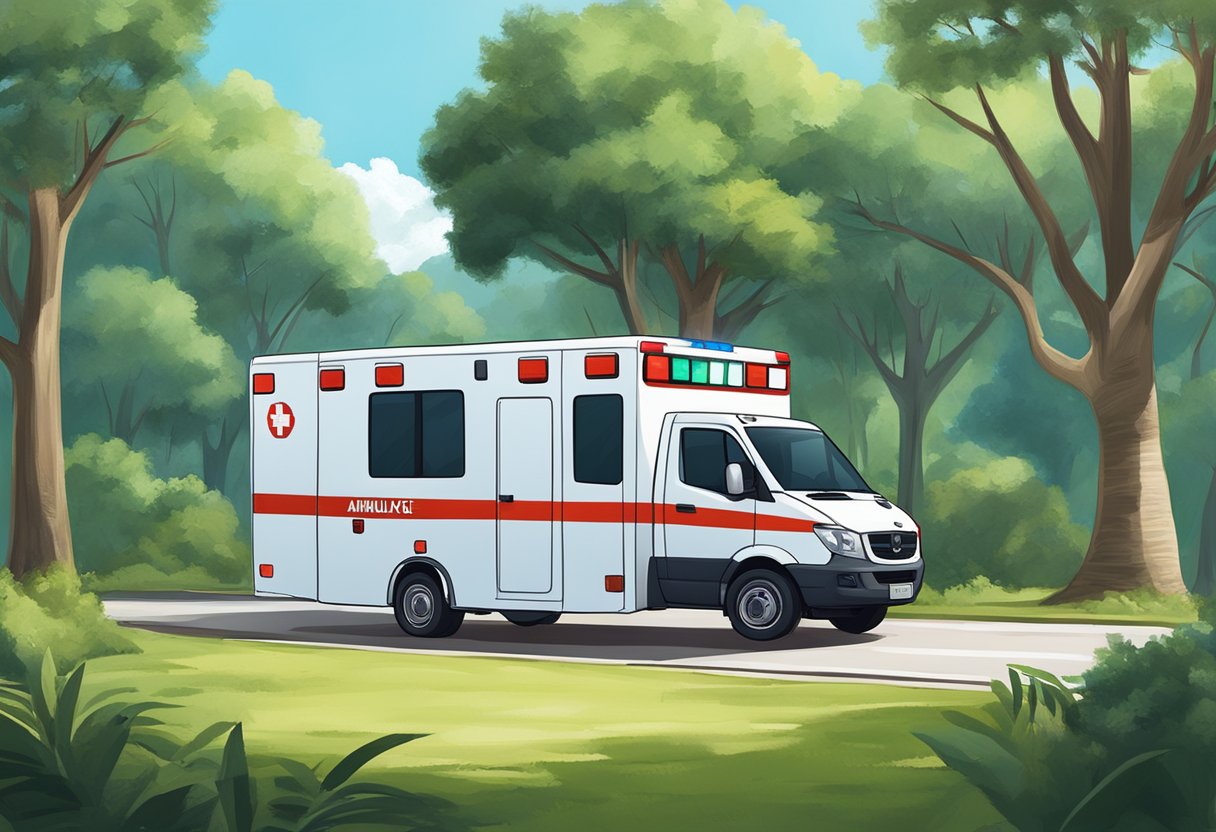 Uma ambulância estacionada em Piraquara, cercada por árvores e edifícios sob um céu claro.