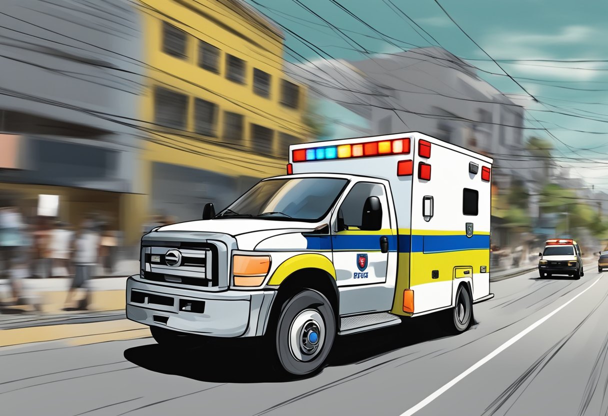 Uma ambulância acelerando pelas ruas de Piraquara em direção a uma emergência. Sirenes soando, luzes piscando e movimento urgente.