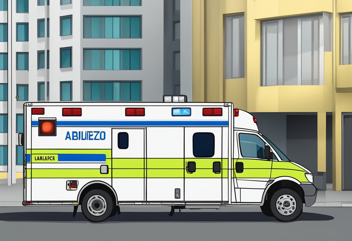 Uma ambulância especializada estacionada do lado de fora de um prédio em Piraquara, com luzes de emergência piscando.