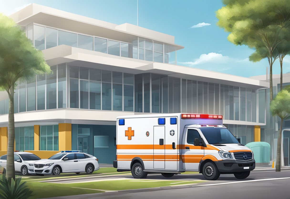 Uma ambulância estacionada em frente a uma unidade de saúde em Piraquara, com equipamentos médicos e infraestrutura visíveis.