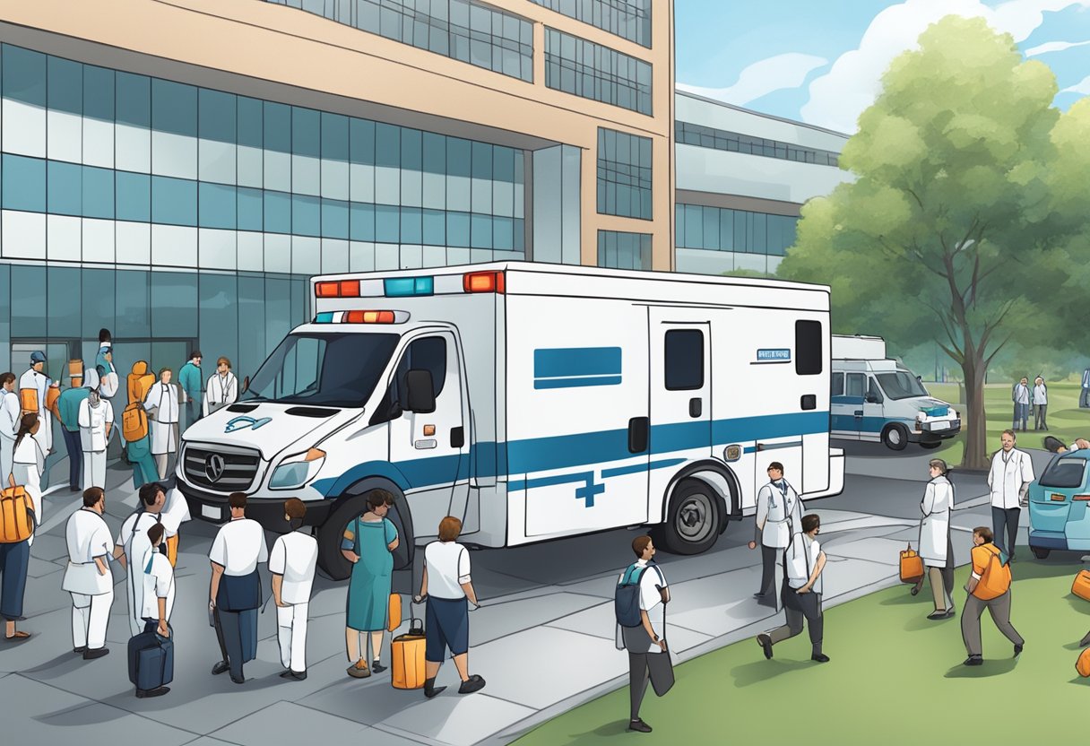 Uma cena movimentada do lado de fora de um hospital com uma ambulância estacionada, profissionais de saúde em uniformes e uma sessão de treinamento em andamento.