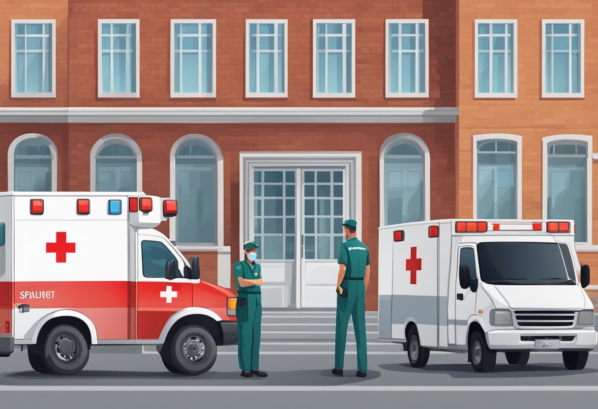 Uma ambulância estacionada do lado de fora de um prédio com um símbolo de cruz vermelha. Um paramédico está ao lado dela, pronto para fornecer serviços médicos complementares.