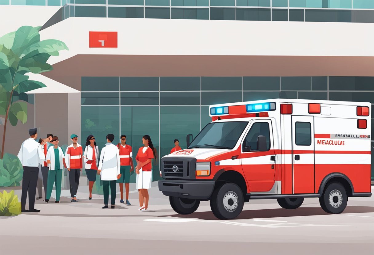 Uma ambulância vermelha brilhante estacionou do lado de fora de uma unidade médica em Piraquara, com profissionais de saúde e pacientes nas proximidades.