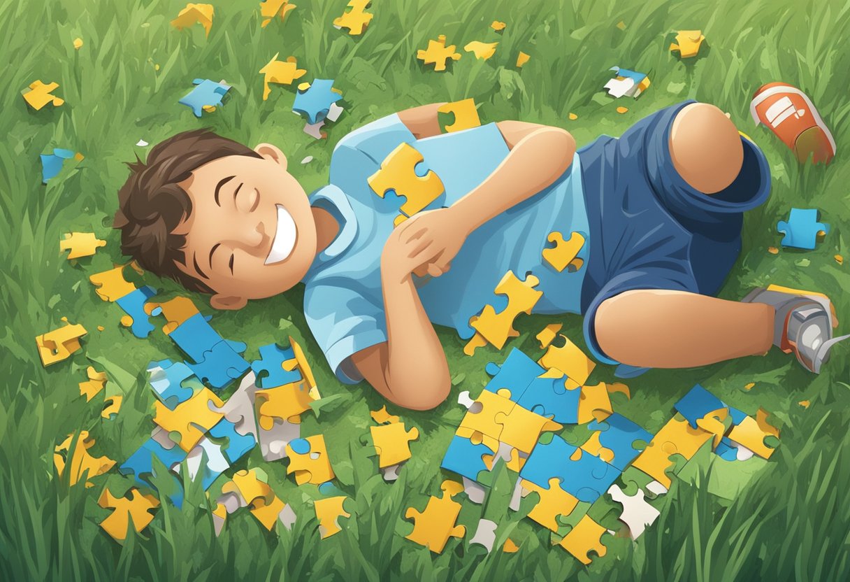 A broken toy lies abandoned in the grass, surrounded by scattered puzzle pieces and a torn photo of a smiling father and son