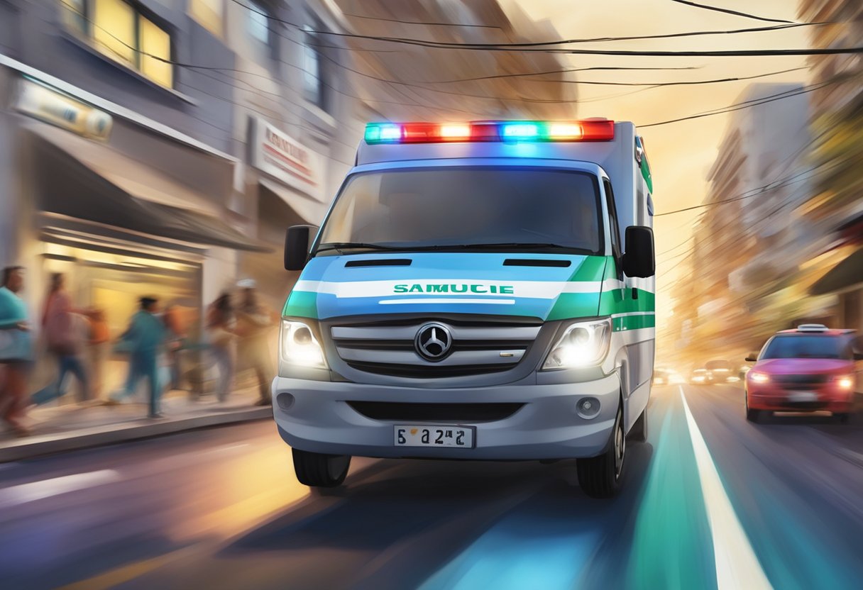 Ambulância Ponta Grossa: Serviço Essencial e Atendimento Rápido 6 Uma ambulância do SAMU acelerando pelas ruas de Ponta Grossa, com luzes piscando e sirenes soando, correndo para fornecer assistência médica urgente.