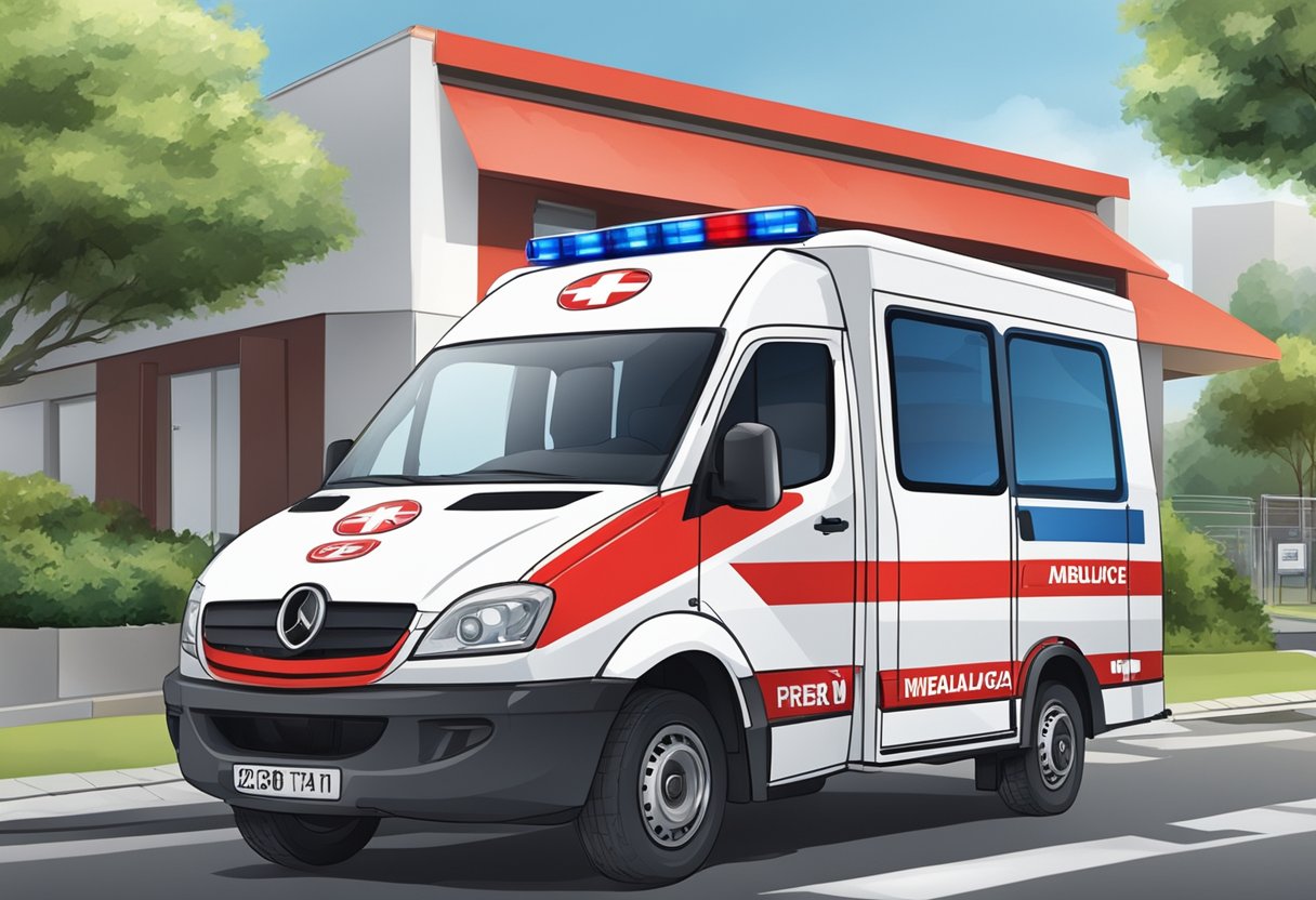 Ambulância Ponta Grossa: Serviço Essencial e Atendimento Rápido 8 Uma ambulância vermelha e branca estacionada do lado de fora de uma unidade médica em Ponta Grossa, com informações de contato de emergência exibidas de forma destacada no veículo.