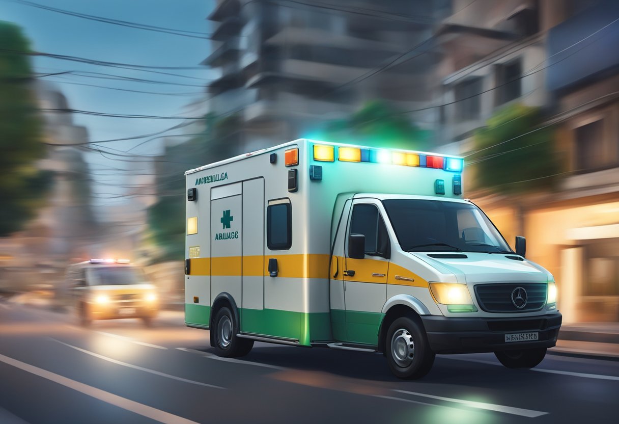 Uma ambulância correndo pelas ruas de Ponta Grossa, com suas luzes piscando e sirene tocando, enquanto navega pelo trânsito para chegar ao seu destino.