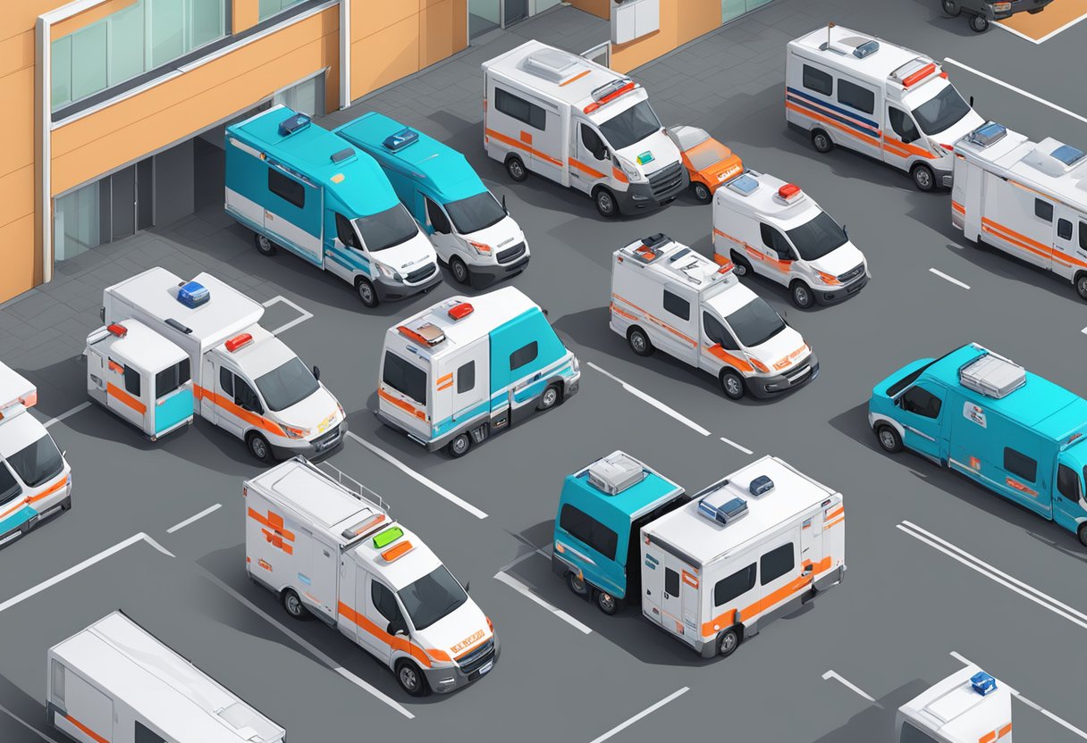 Uma frota de diferentes tipos de ambulâncias estacionadas do lado de fora de uma unidade médica em Ponta Grossa, prontas para atendimento de emergência.