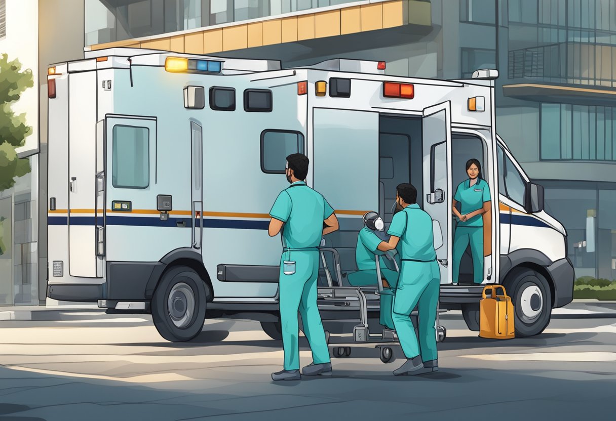 Uma equipe de profissionais de saúde uniformizados trabalhando dentro e fora de uma ambulância na cidade de Ponta Grossa