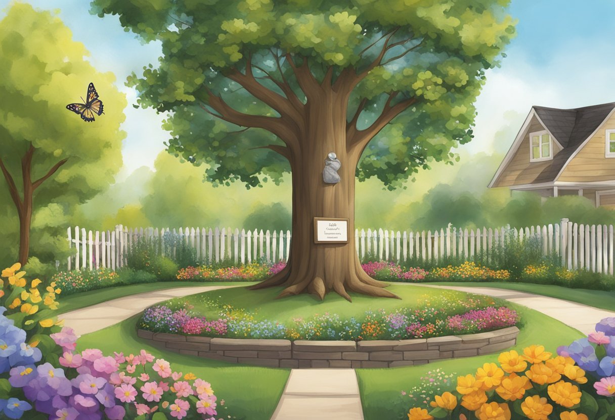 A tree planted in a peaceful garden, surrounded by colorful flowers and butterflies, with a small plaque dedicated to Brandon Smiley's son