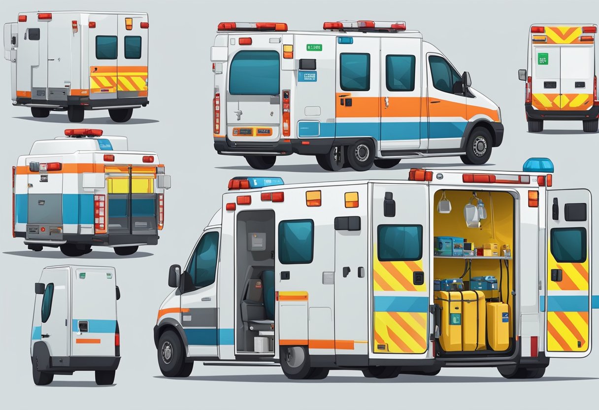 A ambulância está equipada com uma maca, suprimentos médicos, desfibrilador, tanque de oxigênio e dispositivos de comunicação.