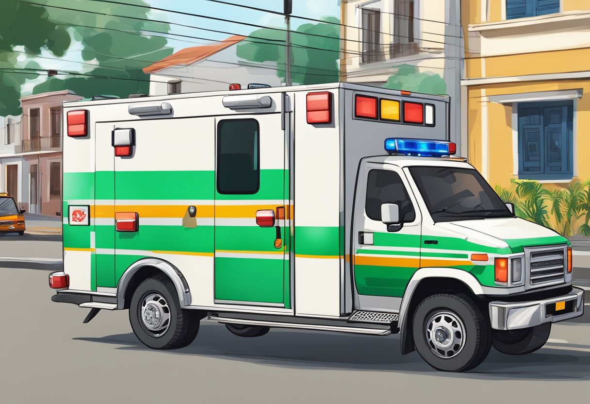 Uma ambulância com suas luzes piscando e sirenes soando, acelerando pelas ruas de Ponta Grossa, Brasil