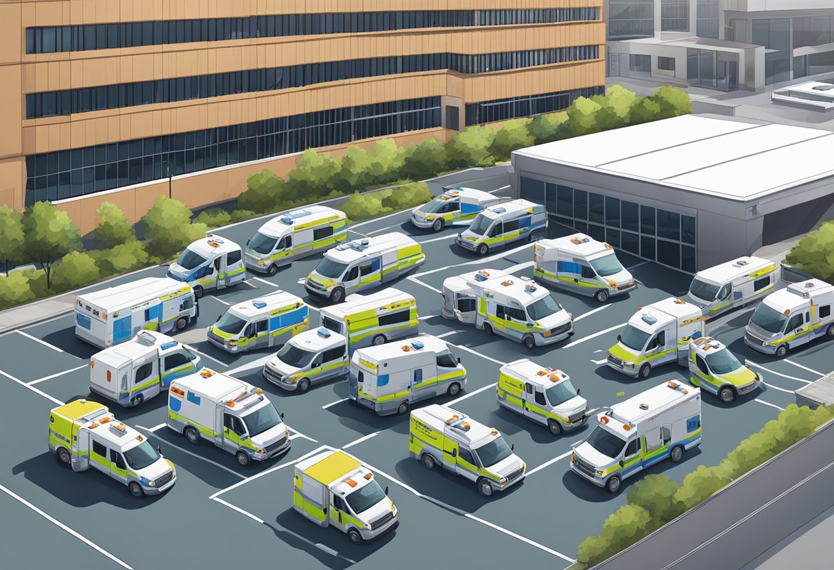 Uma frota de ambulâncias estacionadas em frente a um movimentado prédio da administração da cidade, com funcionários coordenando a logística e a manutenção.