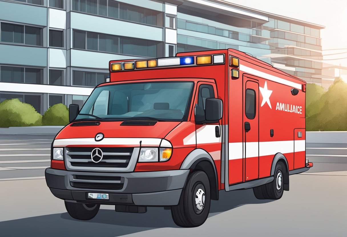 Uma ambulância vermelha brilhante estacionada do lado de fora de um hospital em Ponta Grossa, com suas luzes piscando e as portas abertas, pronta para o acesso de emergência.