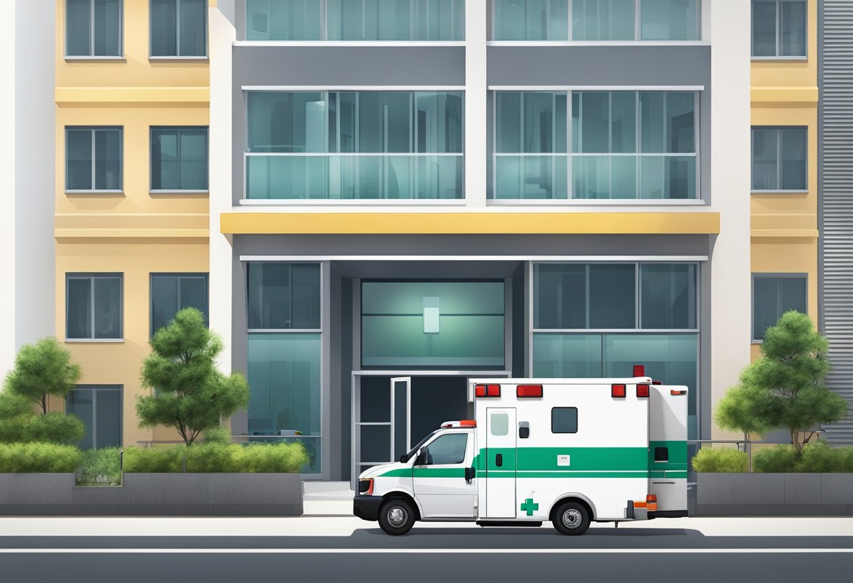 Uma ambulância estacionada do lado de fora de uma unidade de saúde na cidade de Ponta Grossa, com equipamentos e suprimentos médicos visíveis através das janelas.