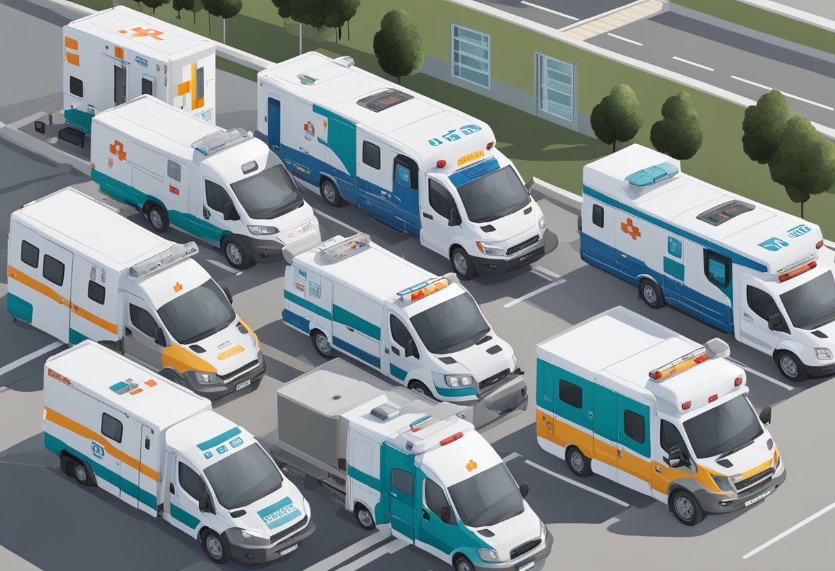 Uma frota de ambulâncias estacionadas em frente a uma unidade médica em Ponta Grossa, cada uma com marcas e equipamentos distintos.
