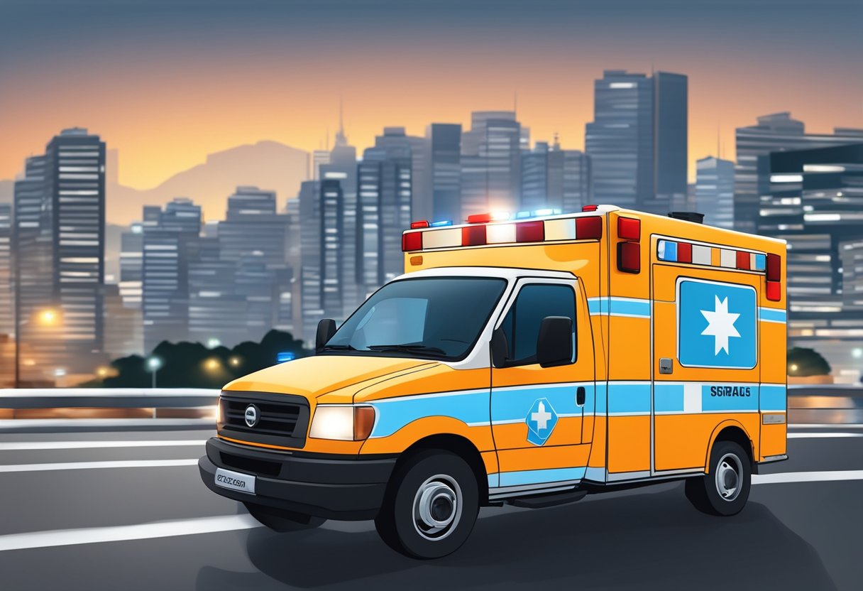 Uma ambulância com luzes piscando e a cidade de Ponta Grossa ao fundo