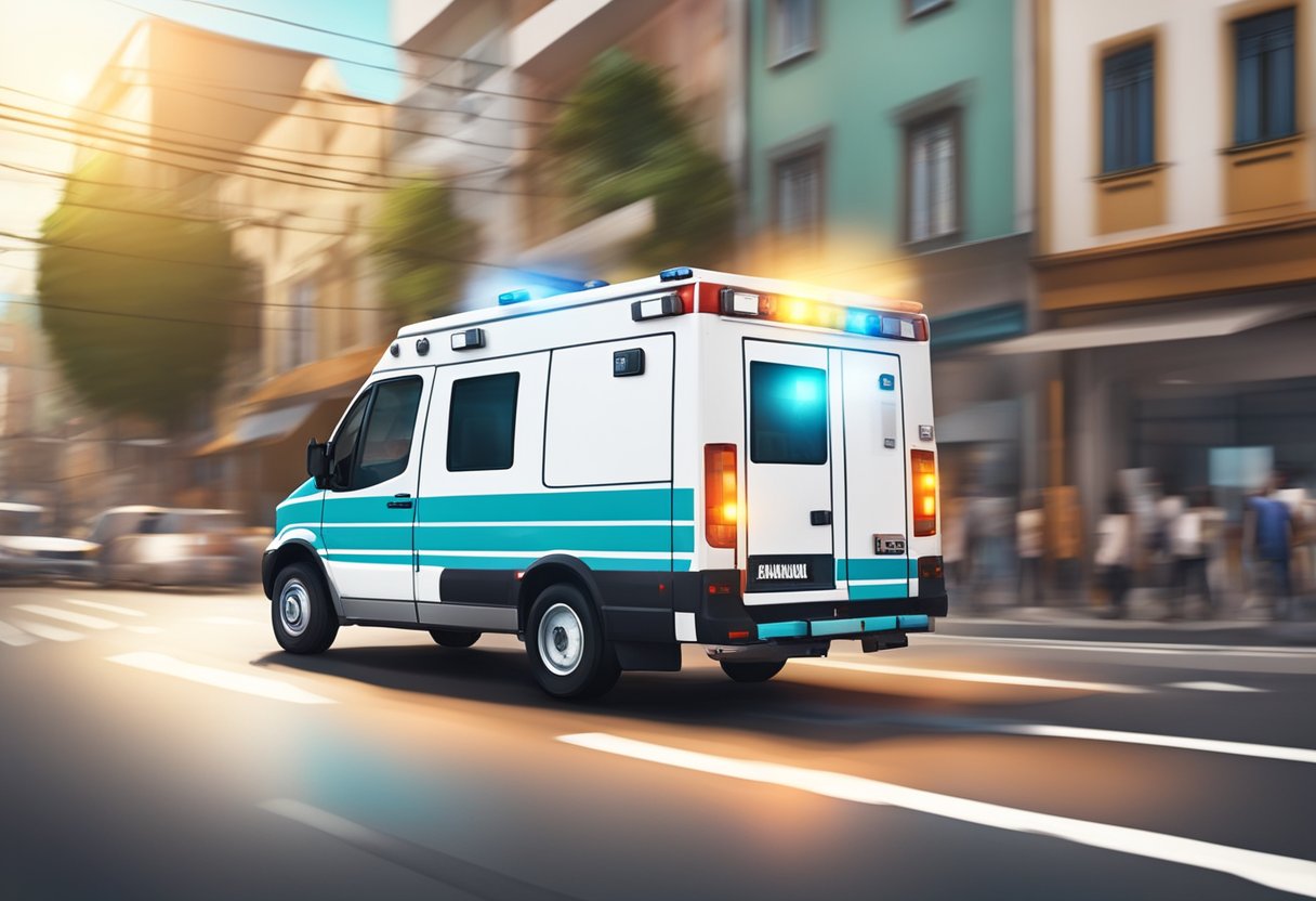 Uma ambulância acelerando pelas ruas da cidade de Ponta Grossa, com suas luzes piscando e sirenes soando, enquanto se apressa para fornecer serviços médicos urgentes.