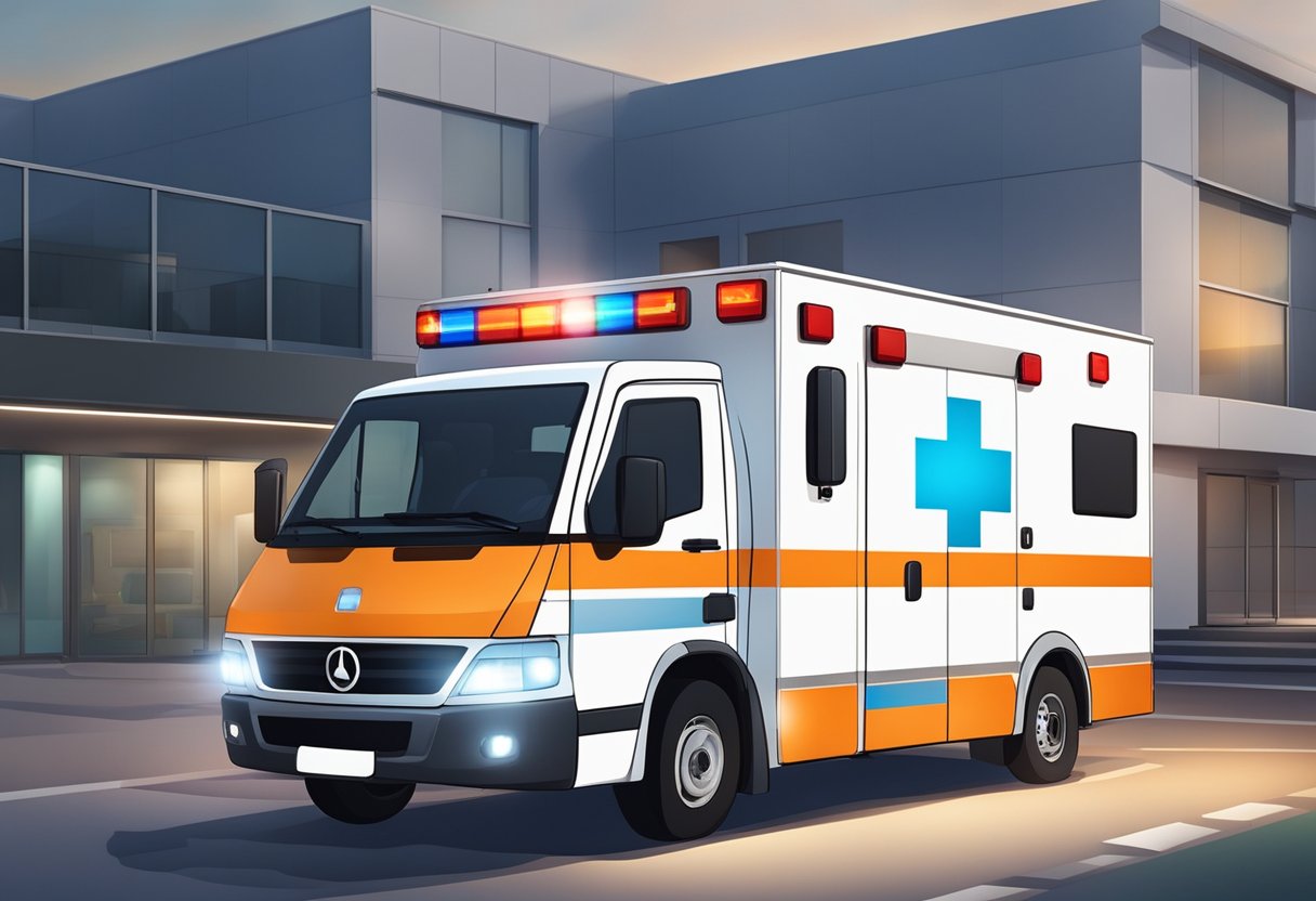 Uma ambulância totalmente equipada estacionada do lado de fora de uma moderna unidade médica em Ponta Grossa, com luzes de emergência piscando