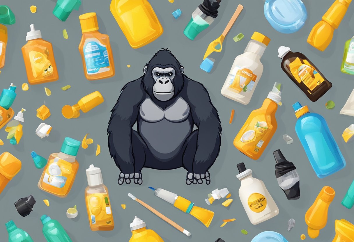 A gorilla-shaped bottle of glue stuck to various objects