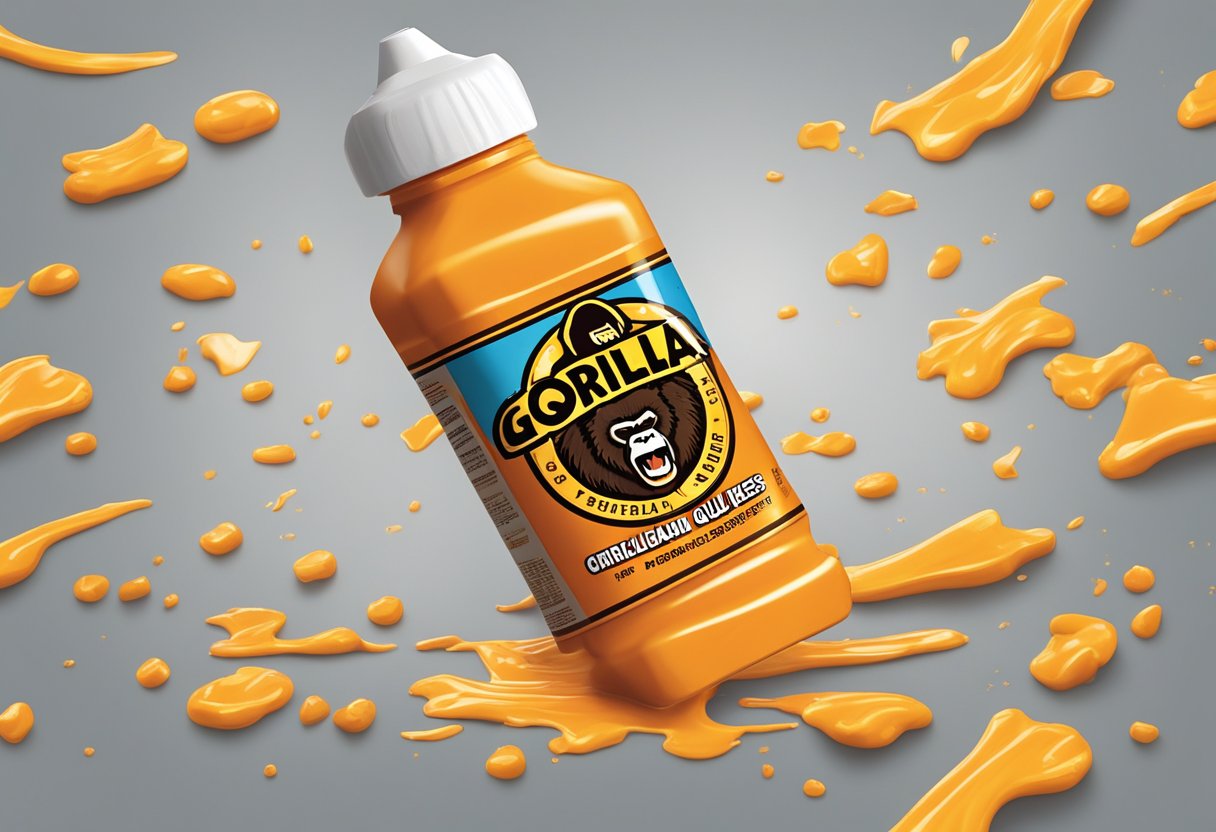 A bottle of gorilla glue spills onto a surface, creating a sticky mess