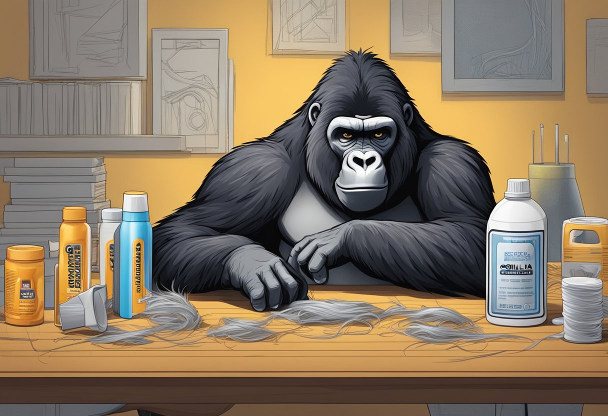 A gorilla glue container sits empty on a table, surrounded by tangled hair and frustrated expressions