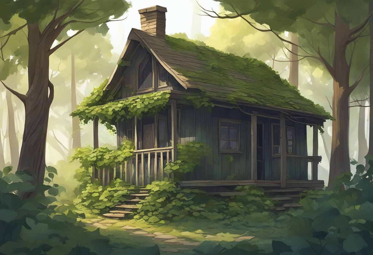 A small, abandoned cabin in the woods with overgrown vines and broken windows, a sense of mystery and neglect surrounding it