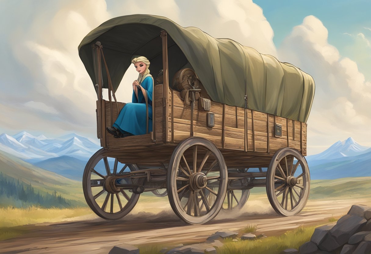 Elsa's wagon travels through the rugged terrain from Texas to Montana, passing through prairies, forests, and mountains