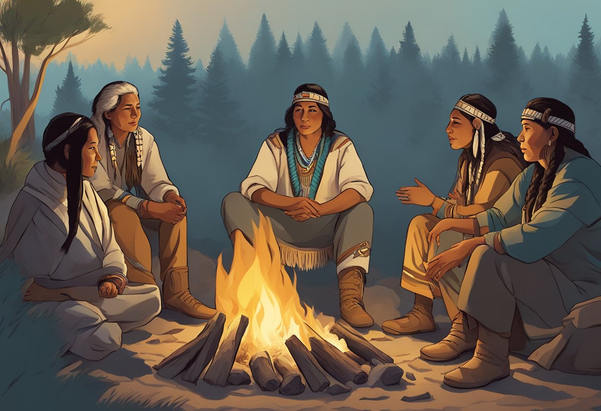 Elsa Dutton peacefully conversing with a group of Native Americans around a campfire