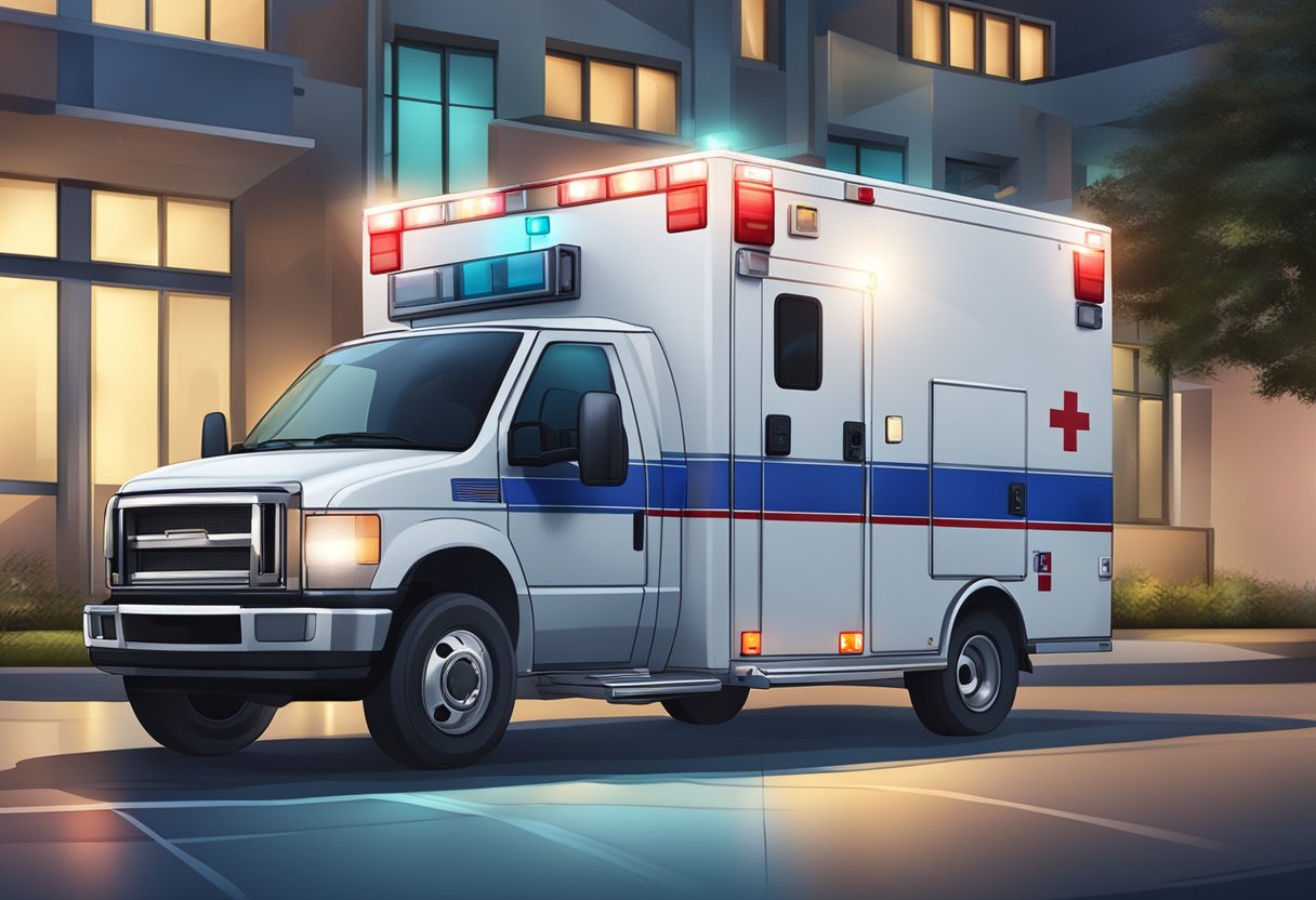 Ambulância Tipo B Legislação: Normas e Regulamentações 1 Uma ambulância tipo B estacionada do lado de fora de uma unidade médica, com luzes de emergência piscando e equipamentos médicos visíveis através das janelas.