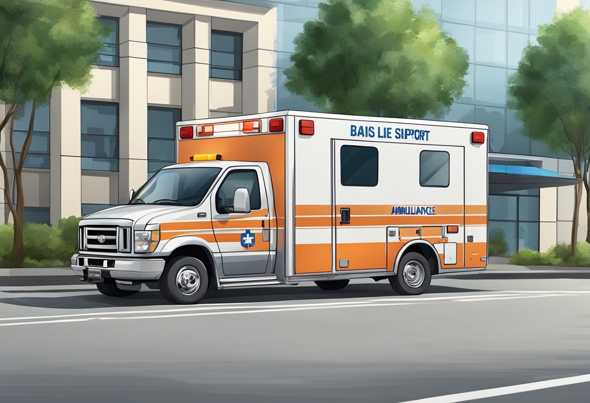 Ambulância Tipo B Legislação: Normas e Regulamentações 4 Uma ambulância de Suporte Básico de Vida estacionada em frente a uma unidade de saúde, seguindo as regulamentações legais.