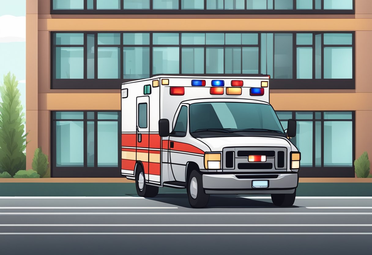 Ambulância Tipo B Legislação: Normas e Regulamentações 5 Uma ambulância tipo B estacionada do lado de fora de uma unidade médica, com luzes de emergência piscando e equipamentos médicos visíveis através das janelas.