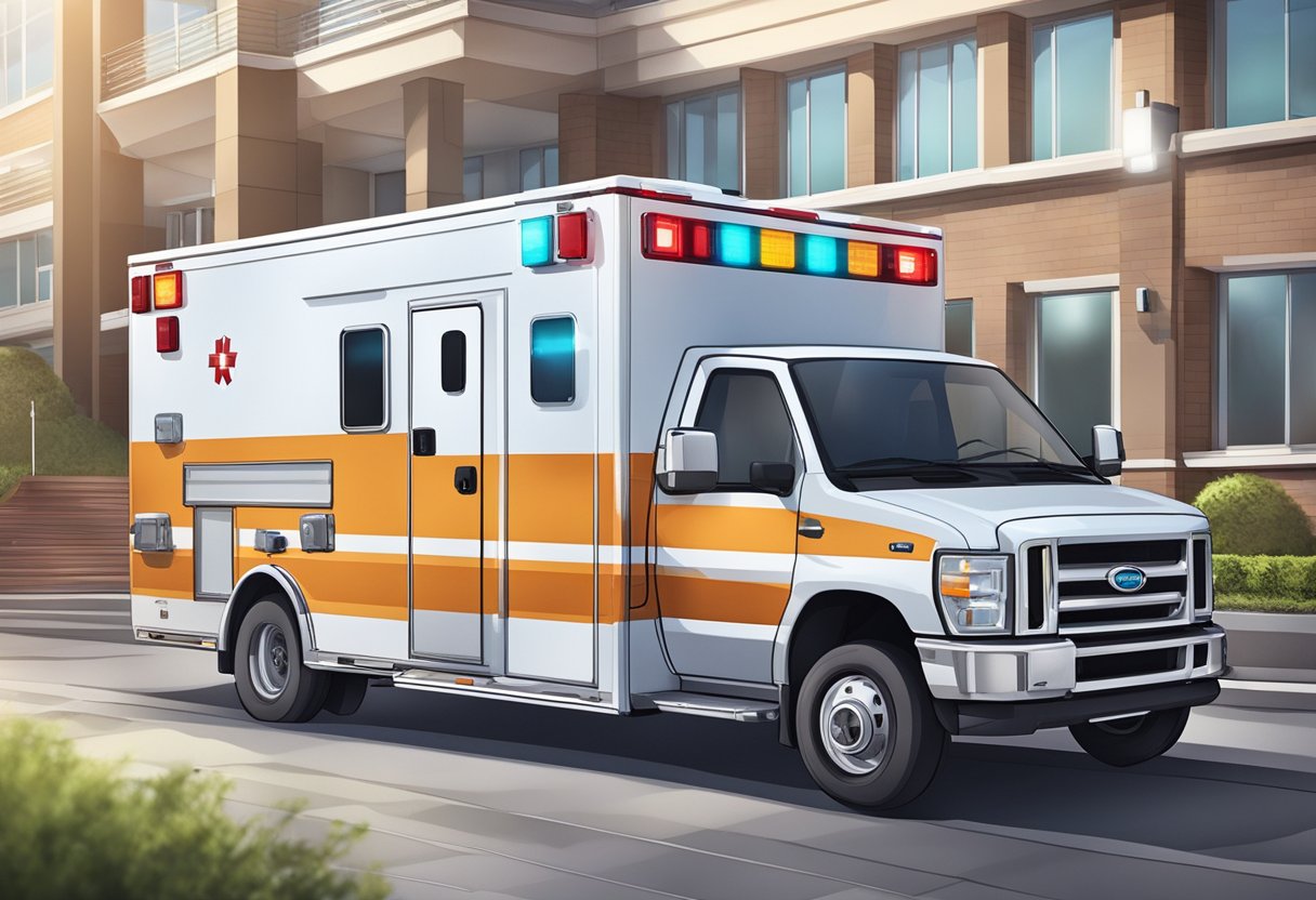 Ambulância Tipo B Legislação: Normas e Regulamentações 6 Uma ambulância tipo B estacionada do lado de fora de uma unidade médica, com luzes de emergência piscando e equipamentos médicos visíveis através das janelas.