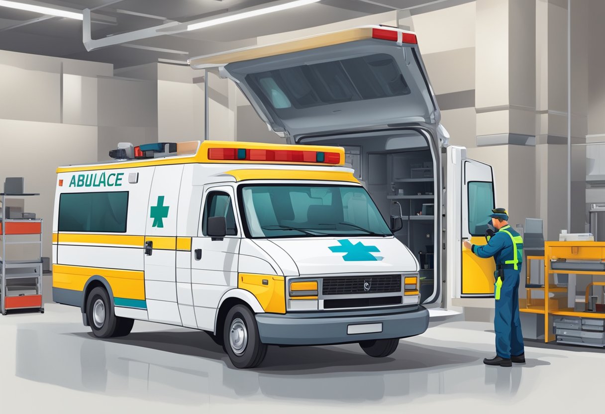 Ambulância Tipo B Legislação: Normas e Regulamentações 7 Um mecânico inspecionando uma ambulância Tipo B, verificando equipamentos e garantindo conformidade com a legislação.