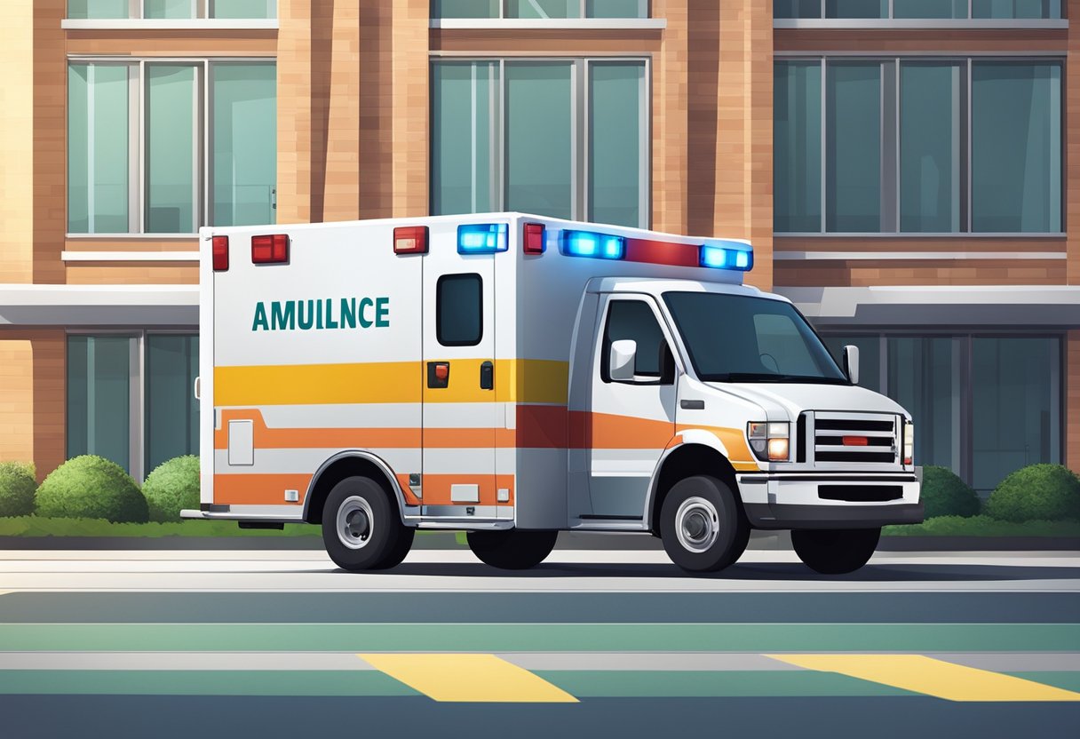 Uma ambulância tipo B estacionada do lado de fora de um hospital, com luzes de emergência piscando e equipamentos médicos visíveis através das janelas.