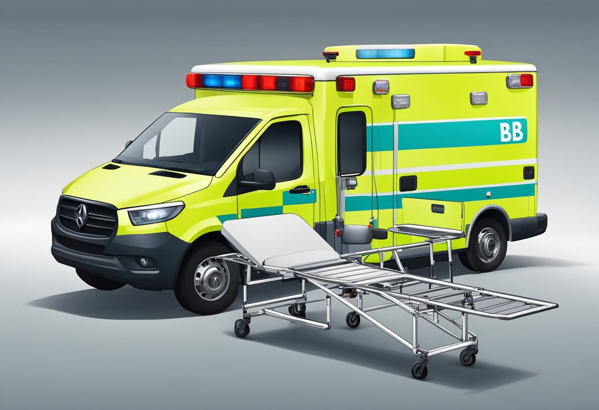 Uma ambulância tipo B com equipamentos necessários, incluindo uma maca, suprimentos médicos e luzes de emergência.