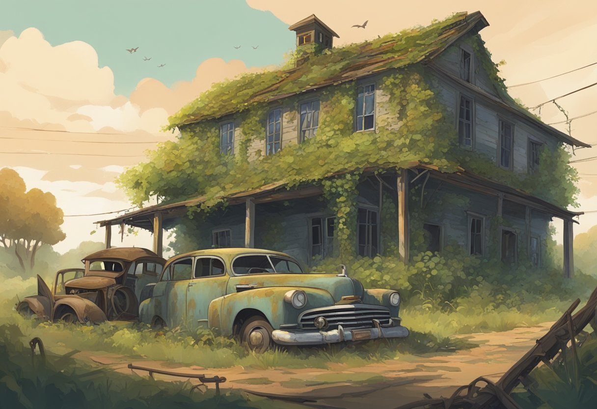 A deserted farmhouse, overgrown with vines and surrounded by broken-down cars and rusted machinery