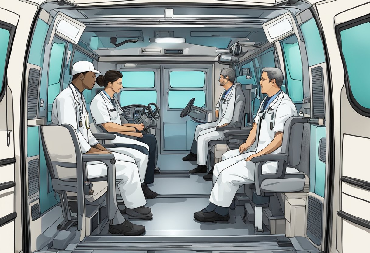 Profissionais de saúde dentro de uma ambulância Tipo B, seguindo a legislação