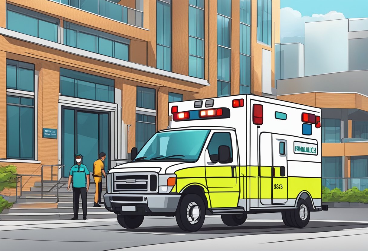 Uma ambulância tipo B estacionada do lado de fora de uma unidade médica, com suas luzes de emergência piscando e paramédicos atendendo a um paciente em uma maca.