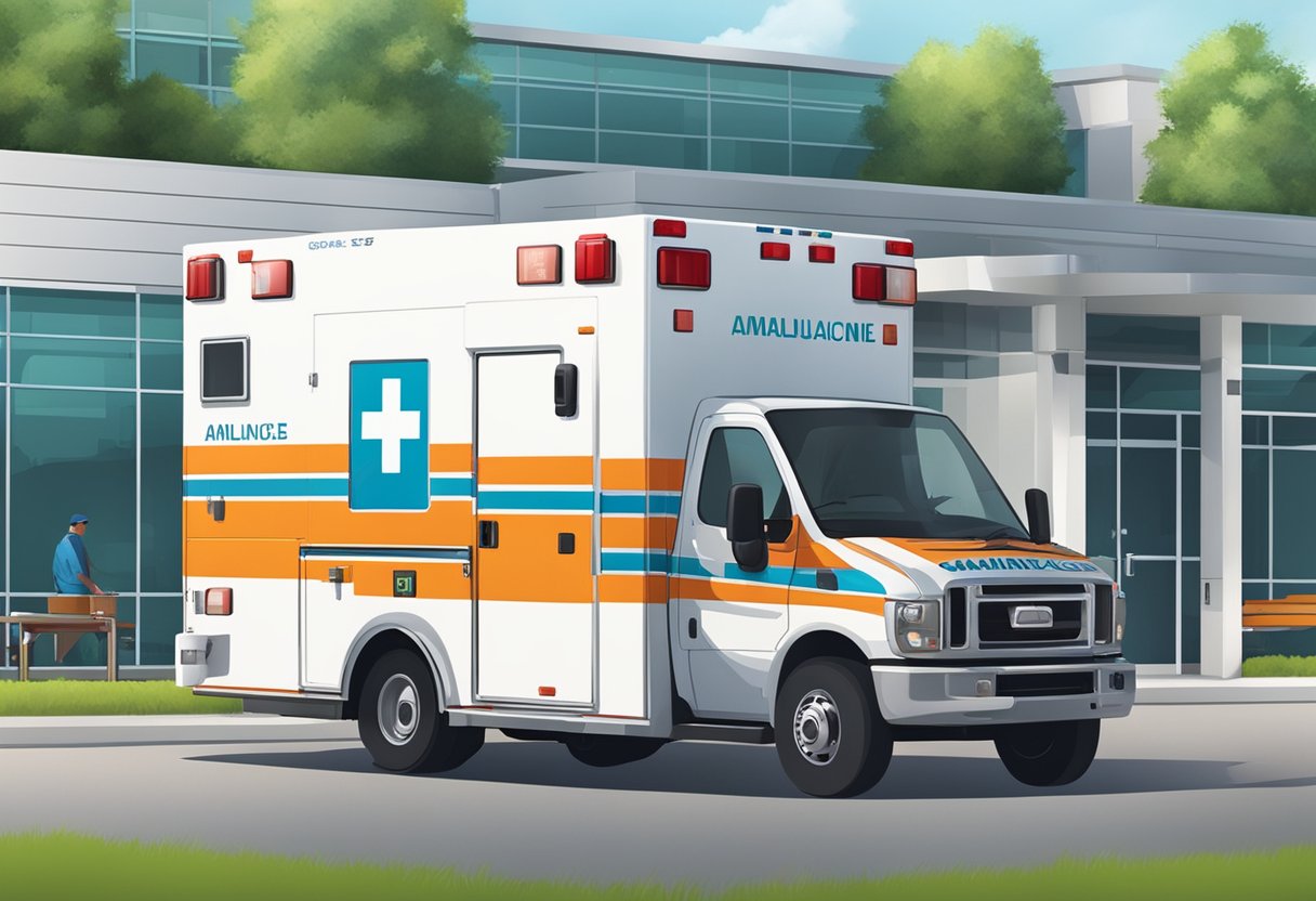 Uma ambulância Tipo B estacionada do lado de fora de uma unidade médica, com paramédicos carregando equipamentos e suprimentos médicos no veículo.