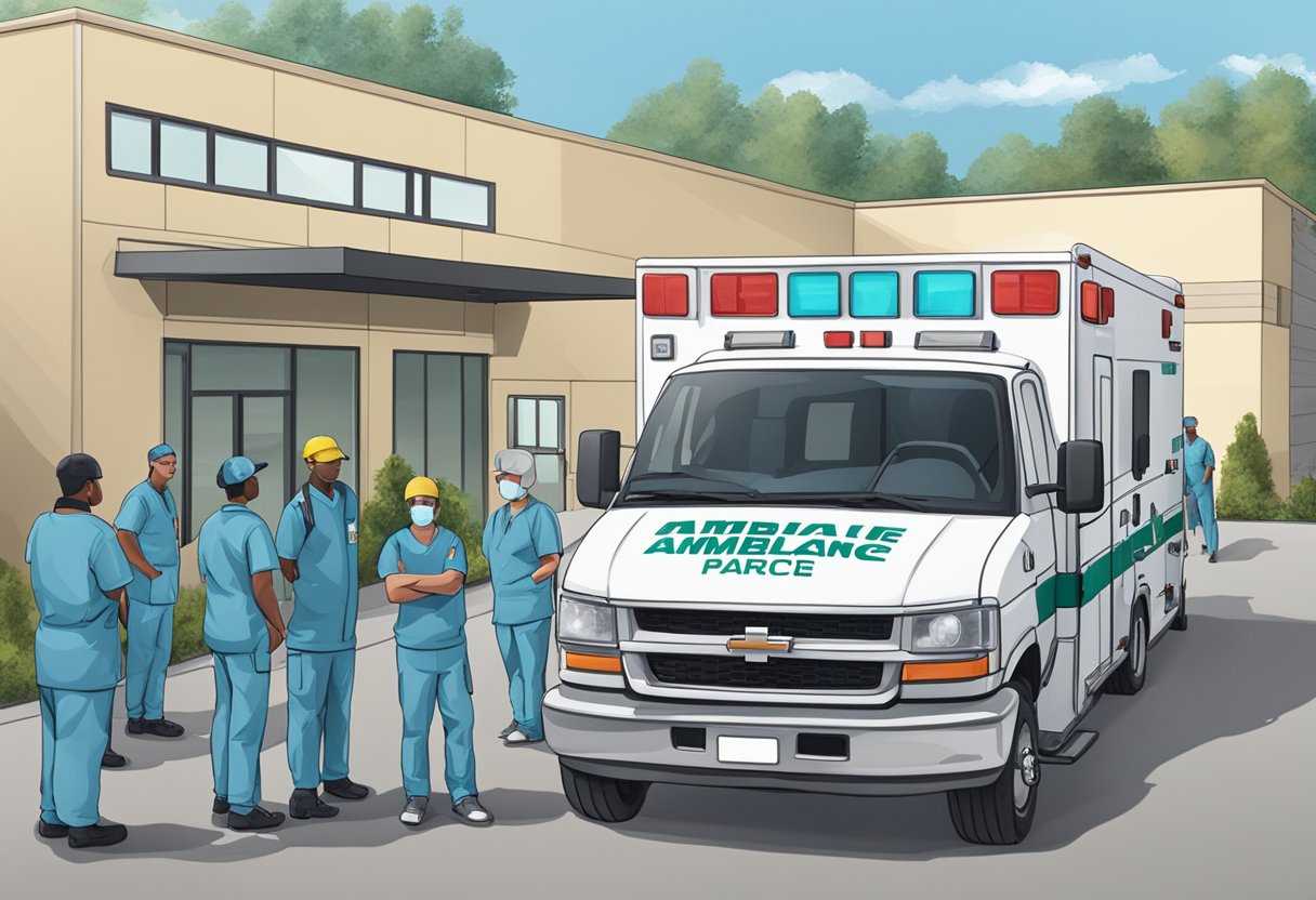 Uma ambulância Tipo B estacionada do lado de fora de uma instalação de treinamento com equipamentos médicos e instrutores conduzindo uma aula sobre operações de ambulância.